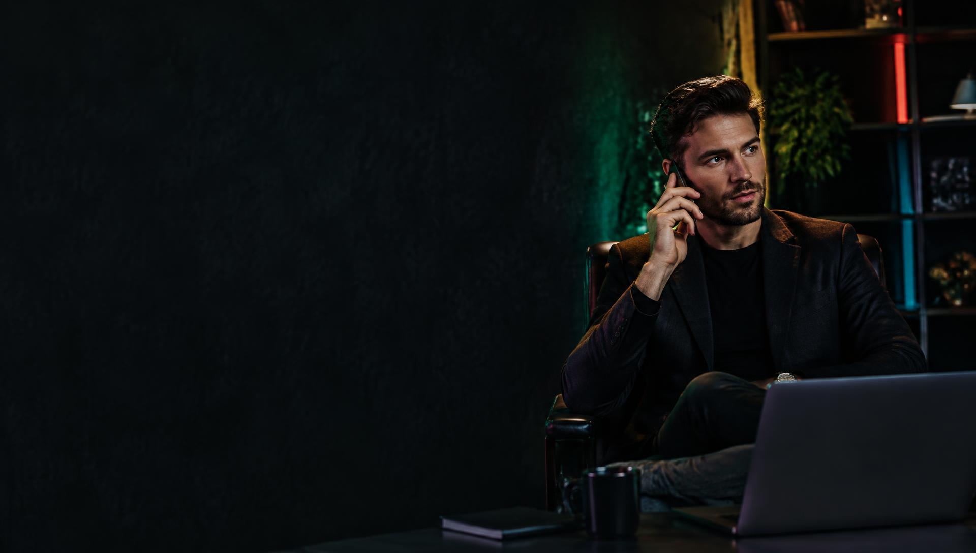 A business owner taking a call in a modern office