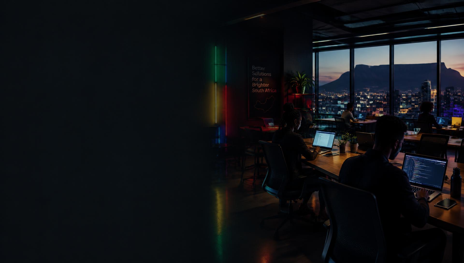 A South African team working on websites in a modern office at dusk